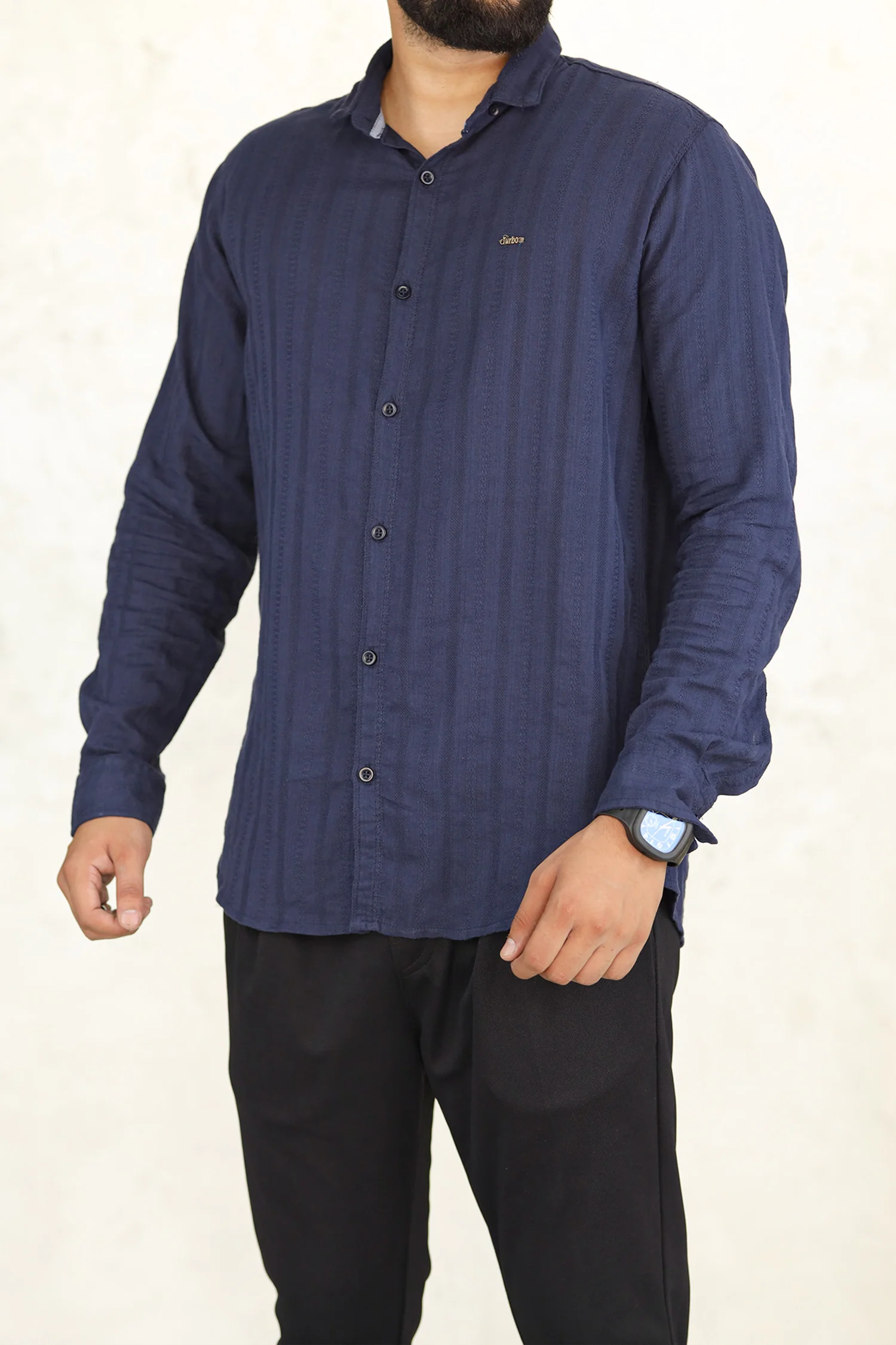 Turbo Self Stripe Motif Long Sleeve Cotton Casual Shirt - Image 20