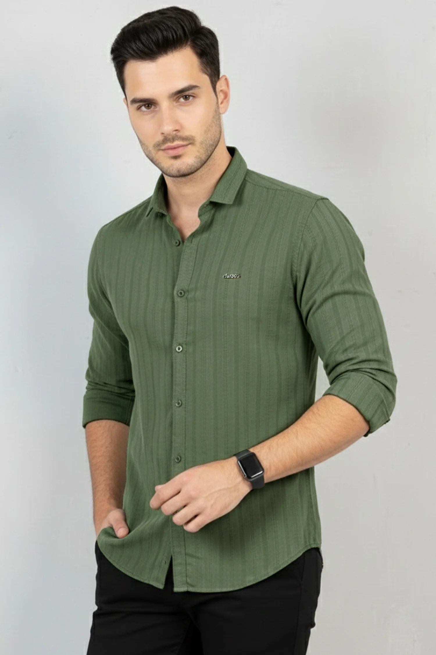 Turbo Self Stripe Motif Long Sleeve Cotton Casual Shirt - Image 11