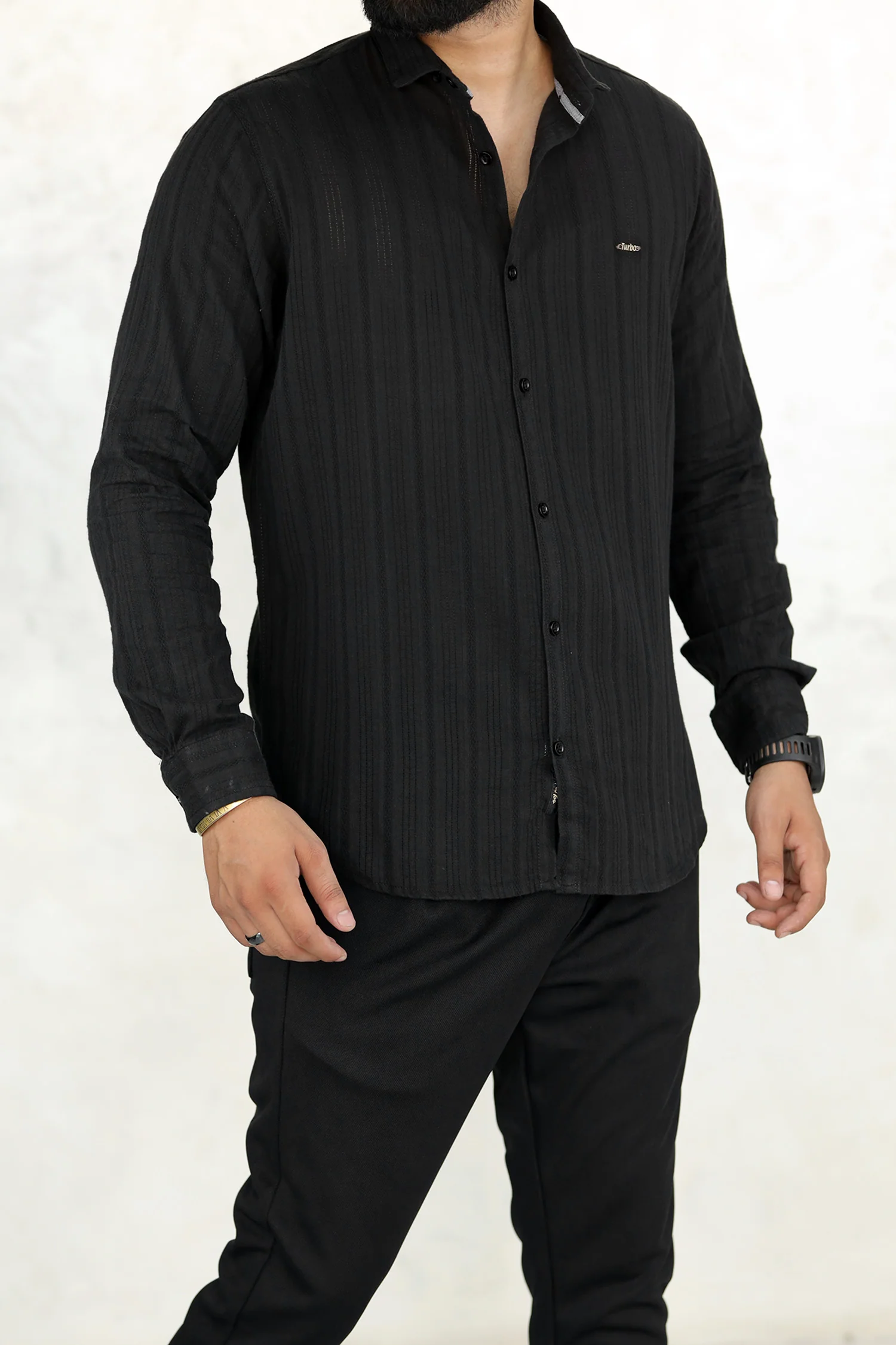 Turbo Self Stripe Motif Long Sleeve Cotton Casual Shirt - Image 8