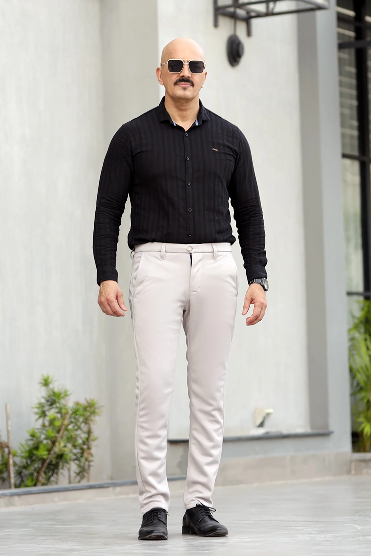 Turbo Self Stripe Motif Long Sleeve Cotton Casual Shirt In Black - Image 3