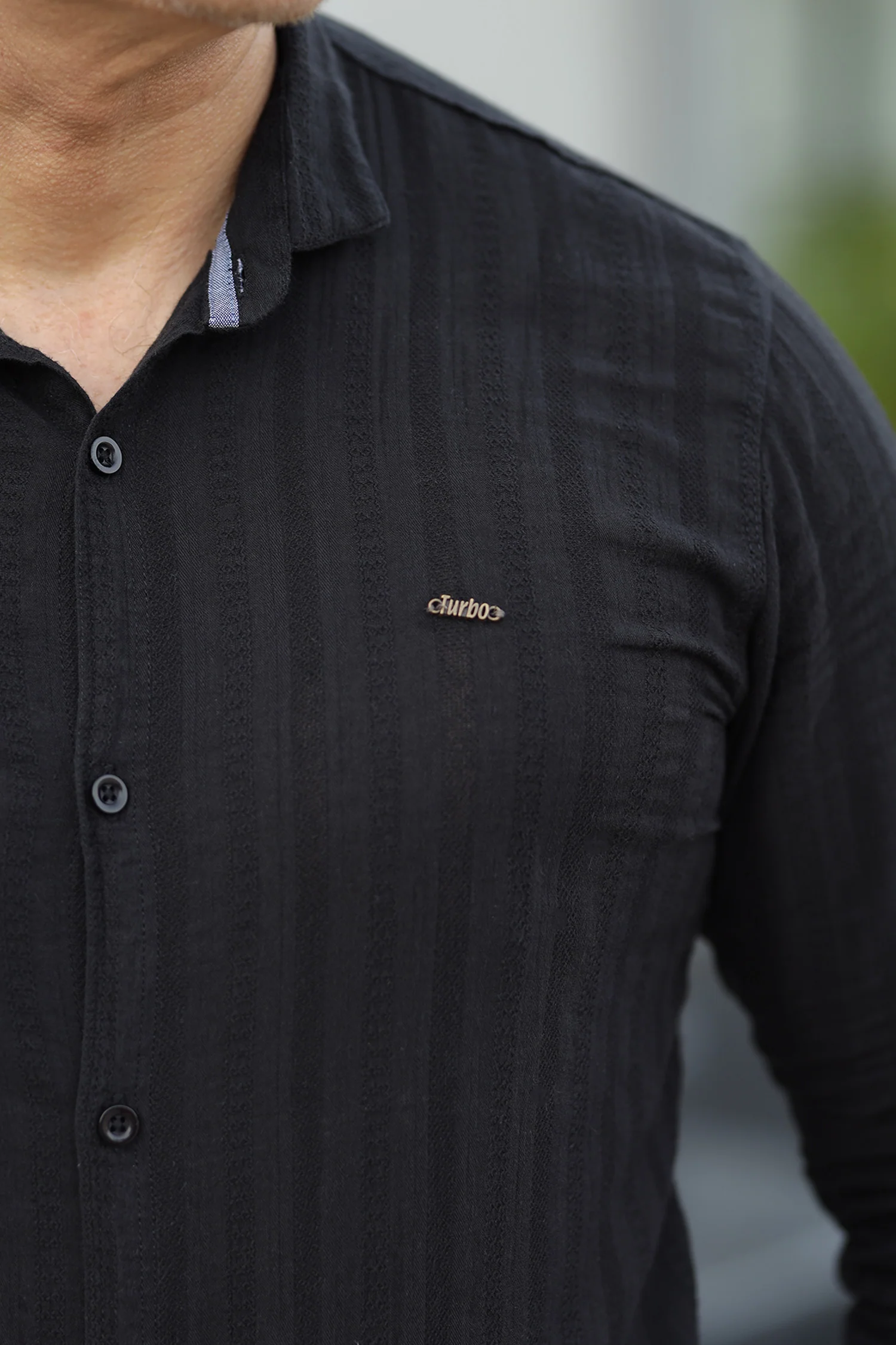 Turbo Self Stripe Motif Long Sleeve Cotton Casual Shirt In Black - Image 4