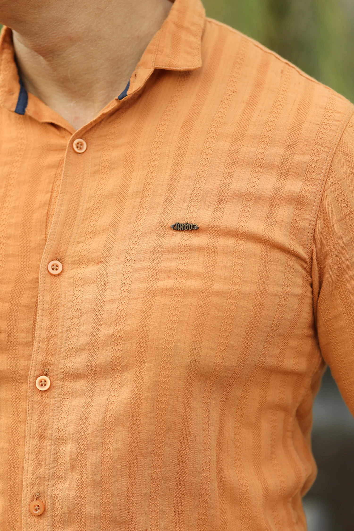 Turbo Self Stripe Motif Long Sleeve Cotton Casual Shirt In Mustard - Image 3