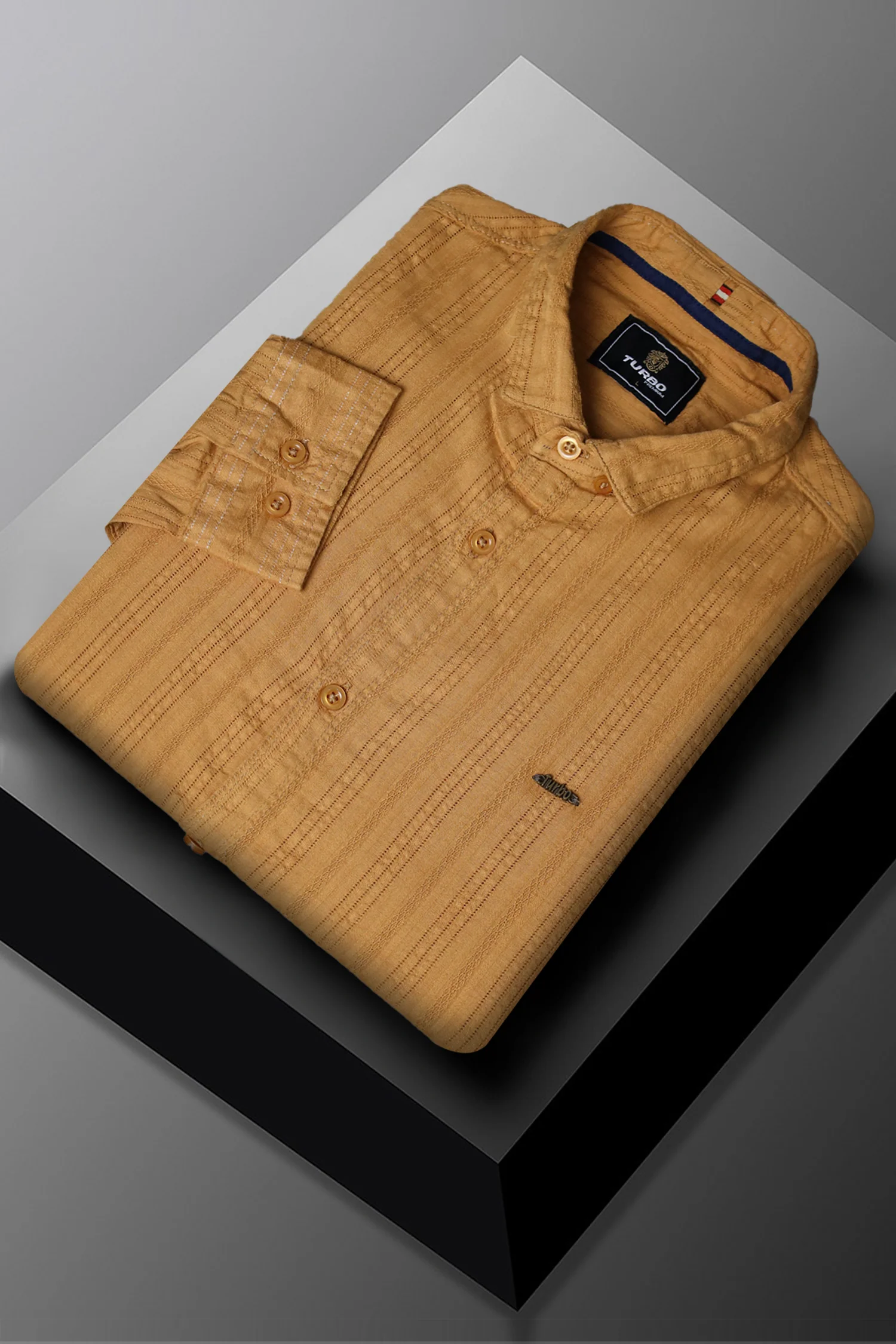 Turbo Self Stripe Motif Long Sleeve Cotton Casual Shirt In Mustard - Image 3