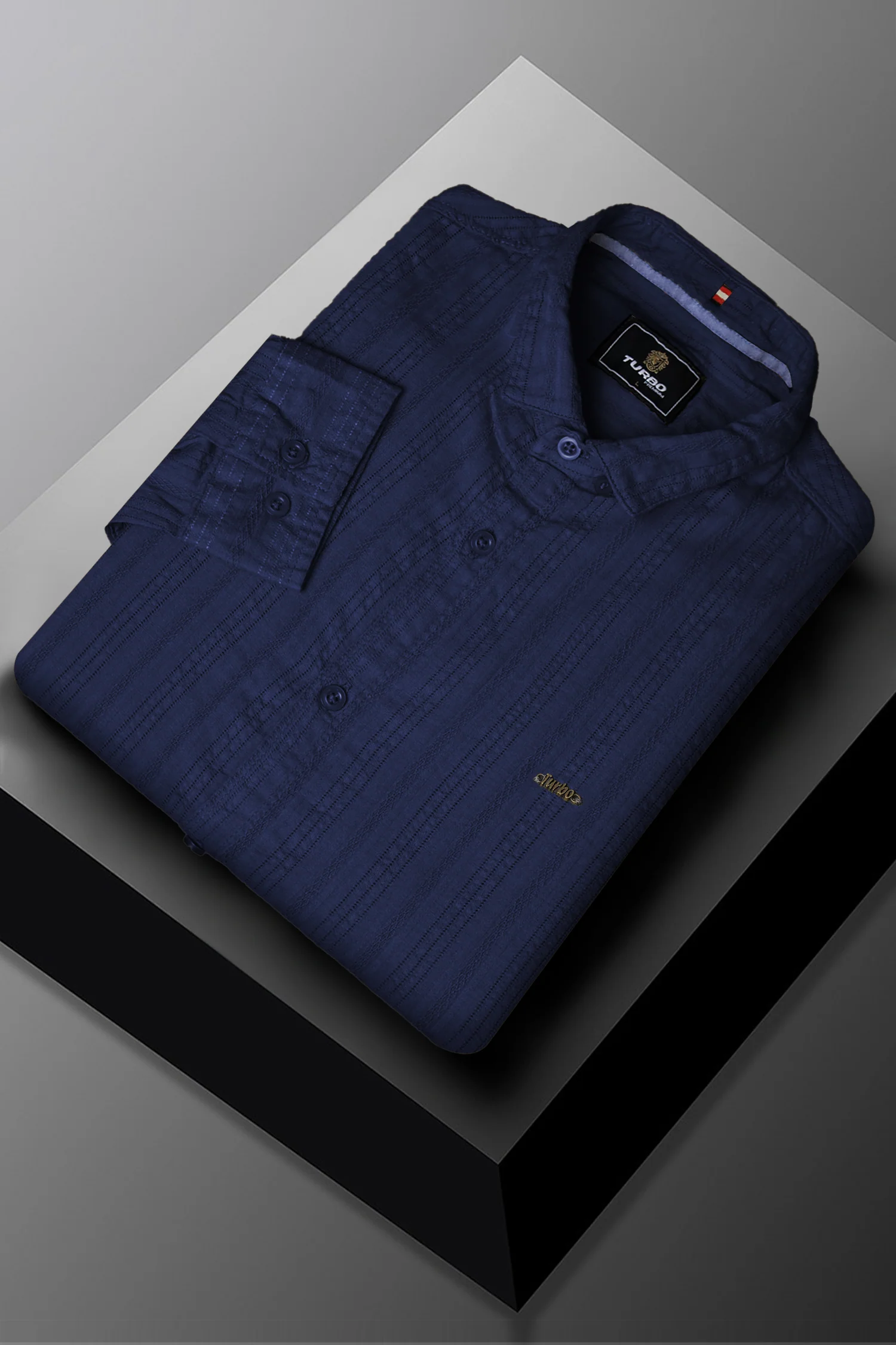 Turbo Self Stripe Motif Long Sleeve Cotton Casual Shirt In Navy Blue - Image 3