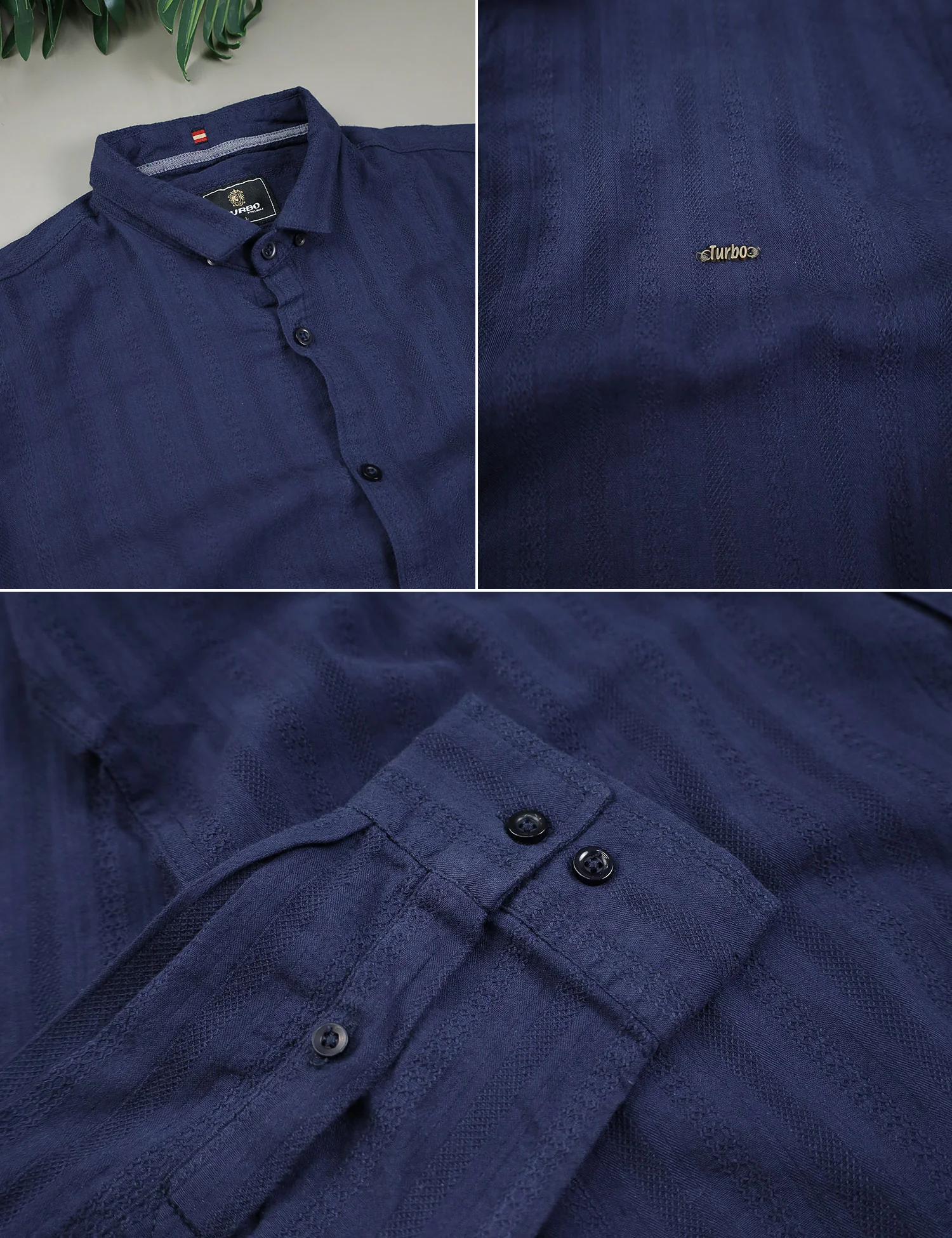 Turbo Self Stripe Motif Long Sleeve Cotton Casual Shirt In Navy Blue - Image 4