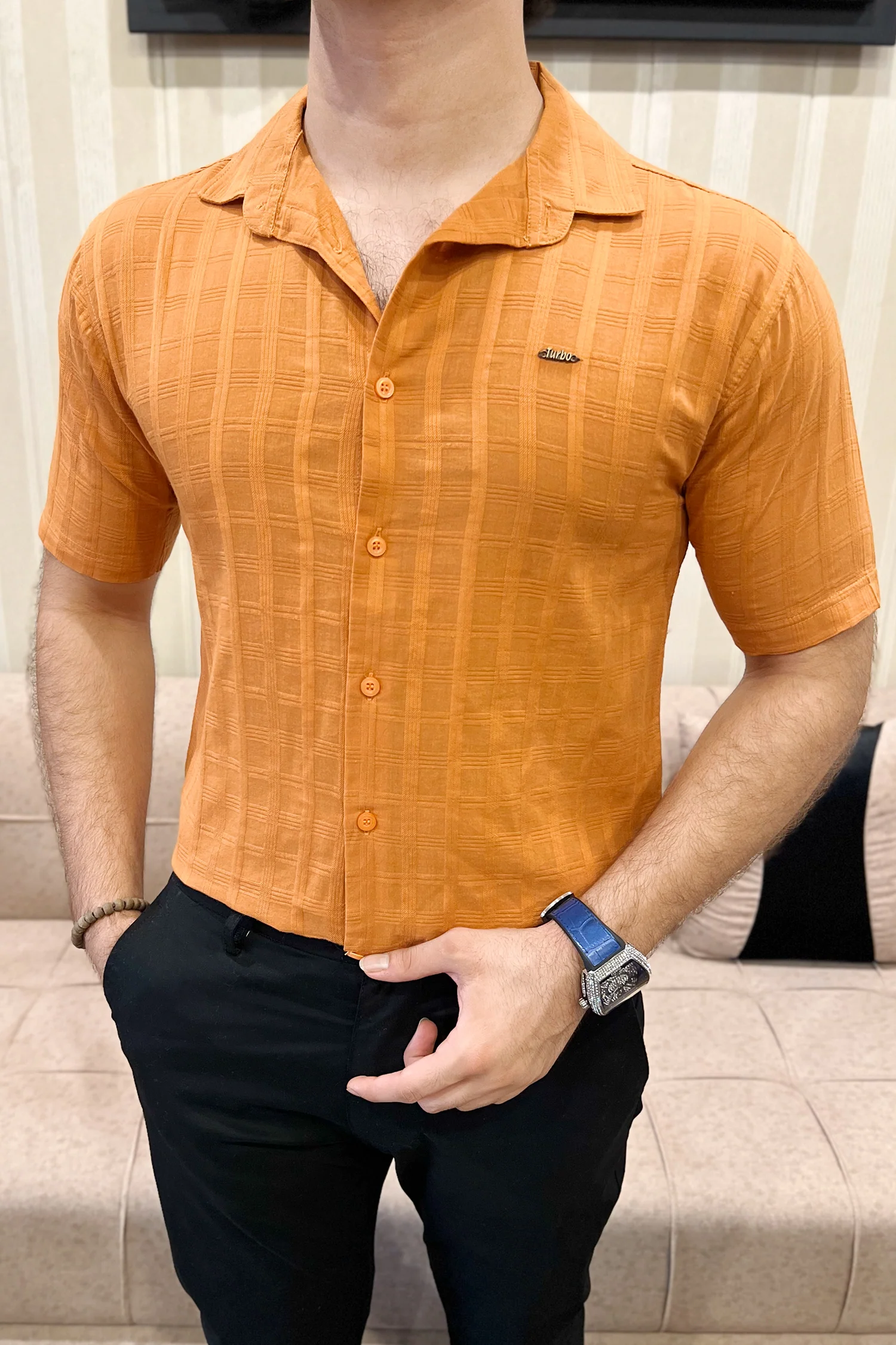 Turbo ShowOff Self Pattern Casual Shirt In Rust - Image 5