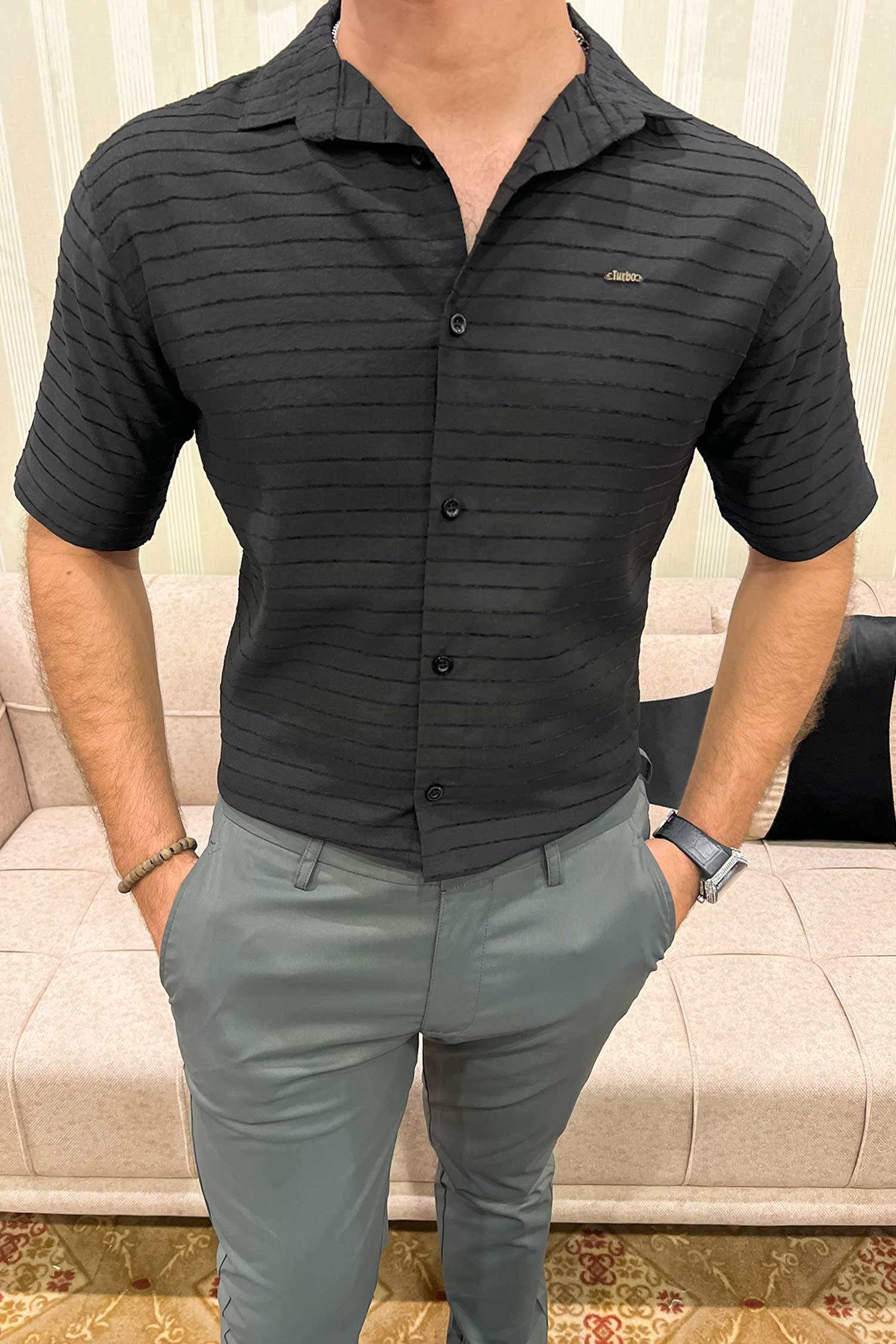 Turbo Snitch Striped Casual Shirt In Black - Image 3