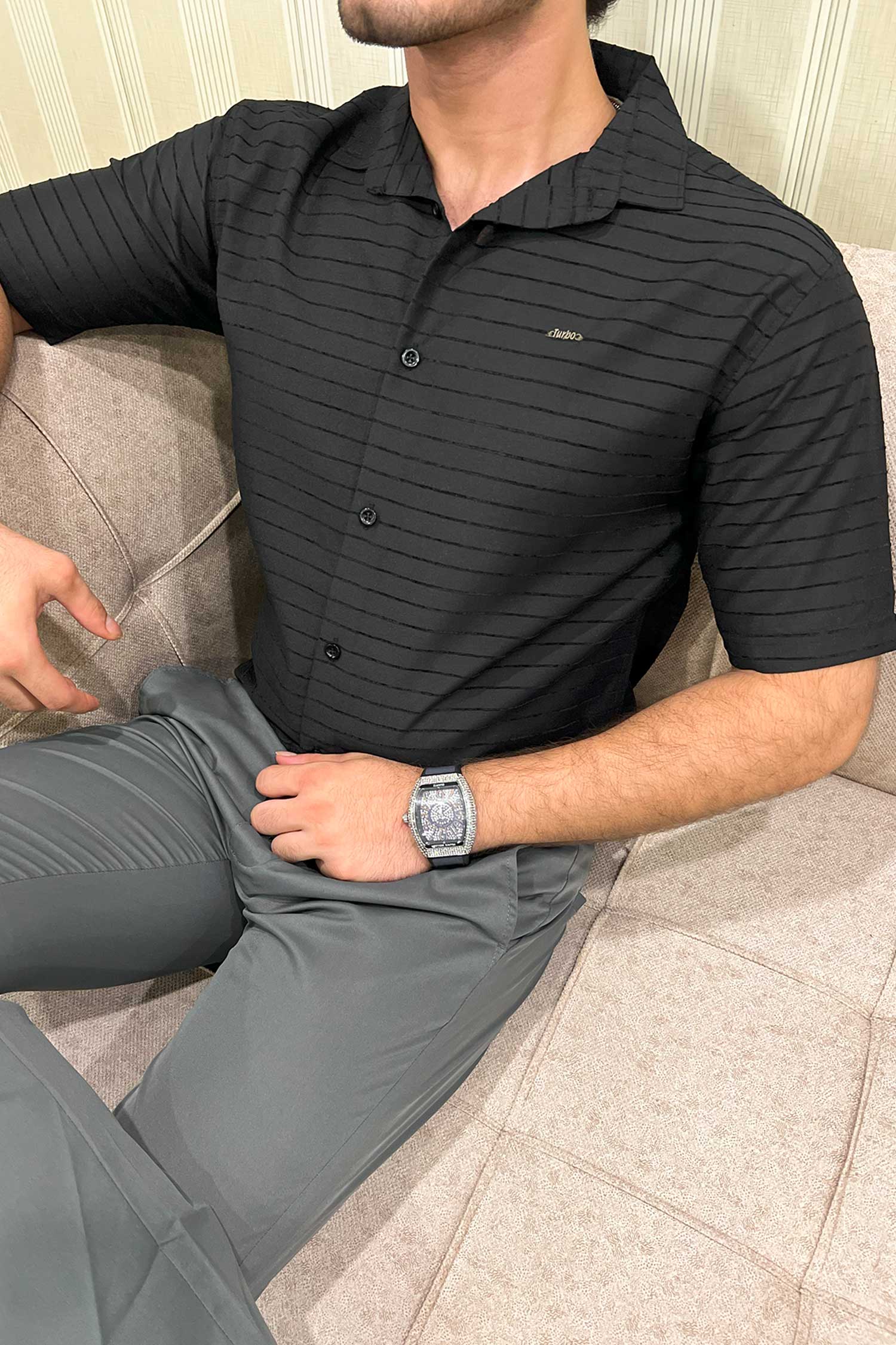 Turbo Snitch Striped Casual Shirt In Black - Image 4