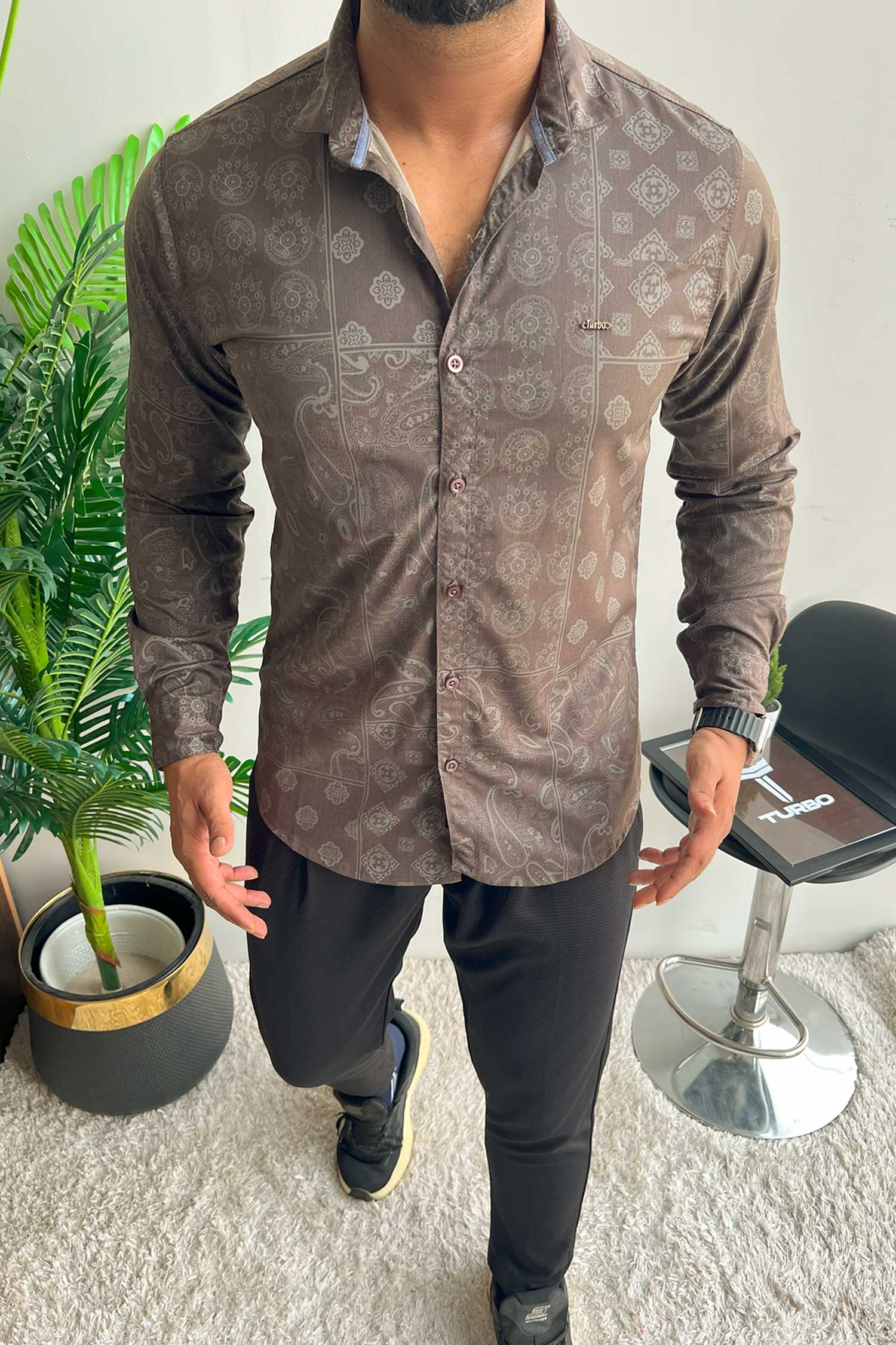 Turbo Splash Printed Long Sleeve Cotton Casual Shirt In Charcoal Grey - Image 3