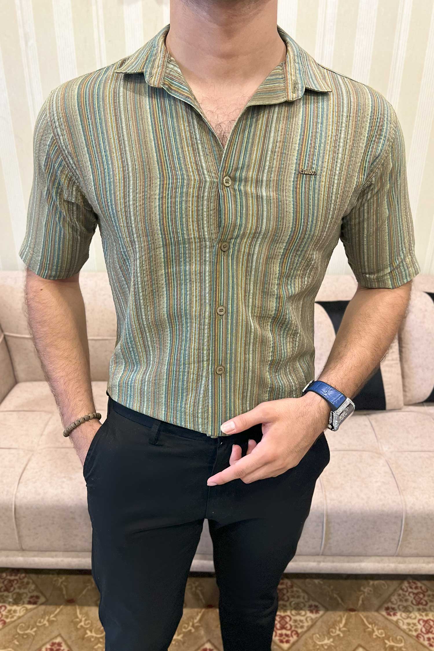Turbo Spring Edit Textured Casual Shirt In Green - Image 2