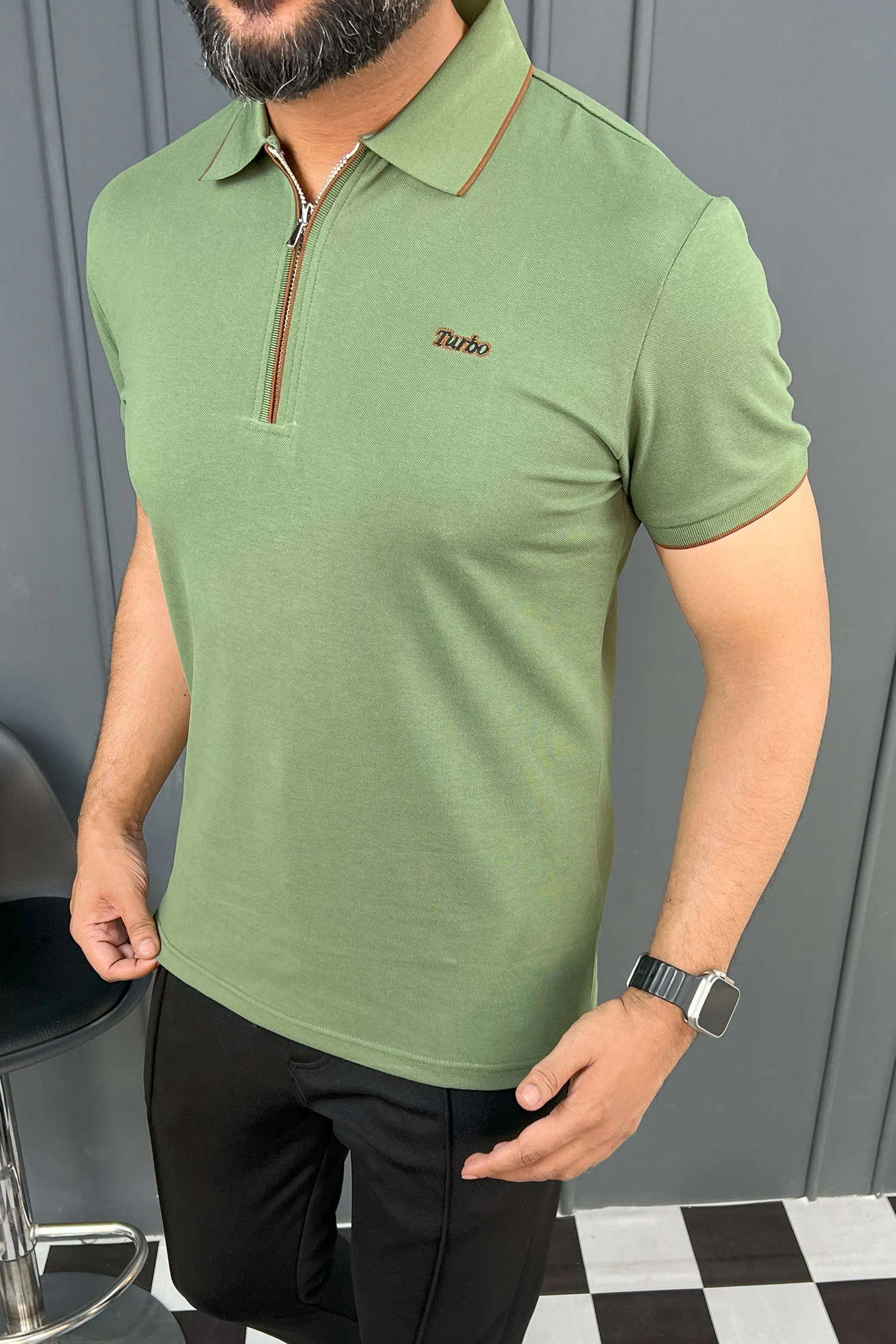 Turbo Studiofit Detailed Zip Collar Men's Polo Shirt In Green - Image 3