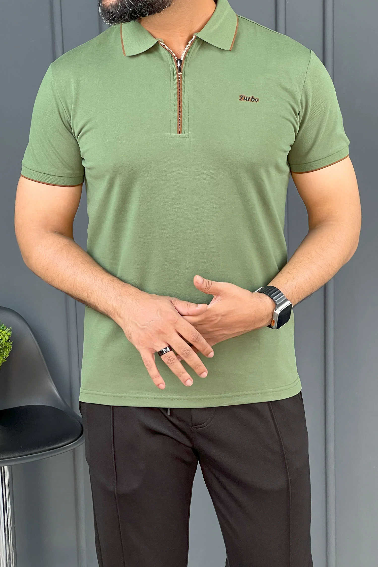 Turbo Studiofit Detailed Zip Collar Men's Polo Shirt In Green - Image 4