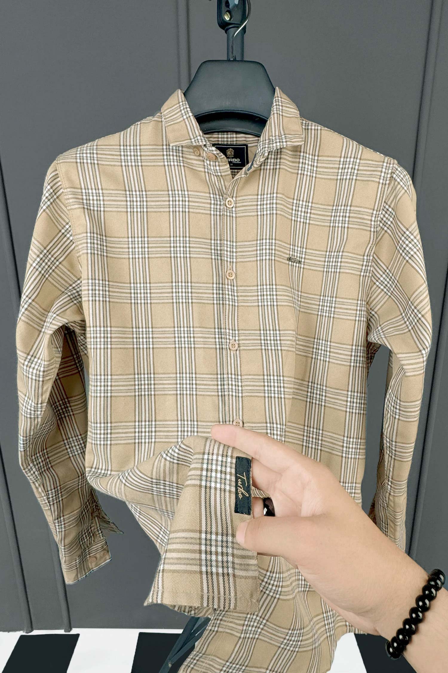 Turbo Tattersall Checkered Long Sleeve Cotton Casual Shirt In Light Skin - Image 3