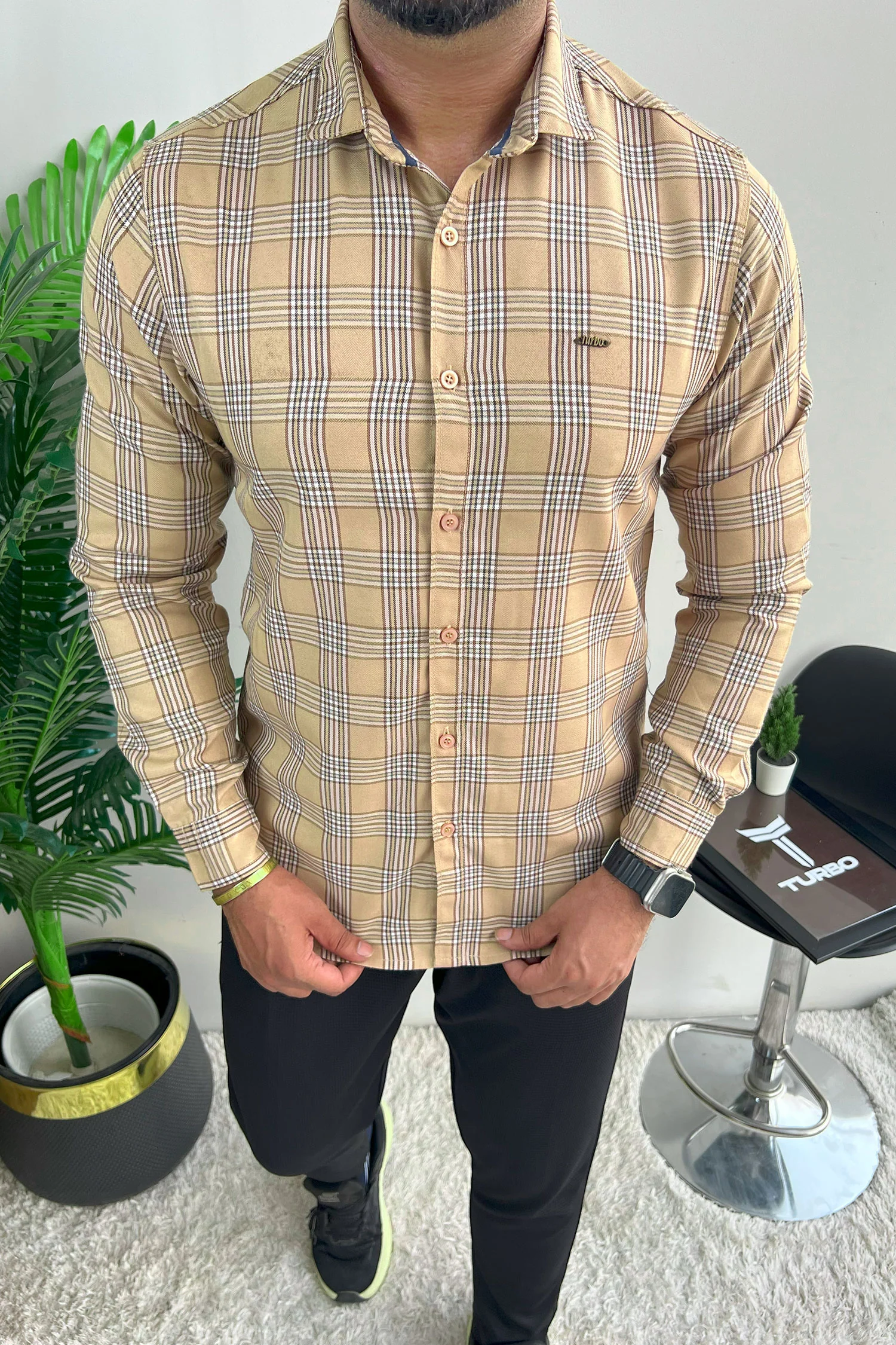Turbo Tattersall Checkered Long Sleeve Cotton Casual Shirt In Light Skin - Image 3