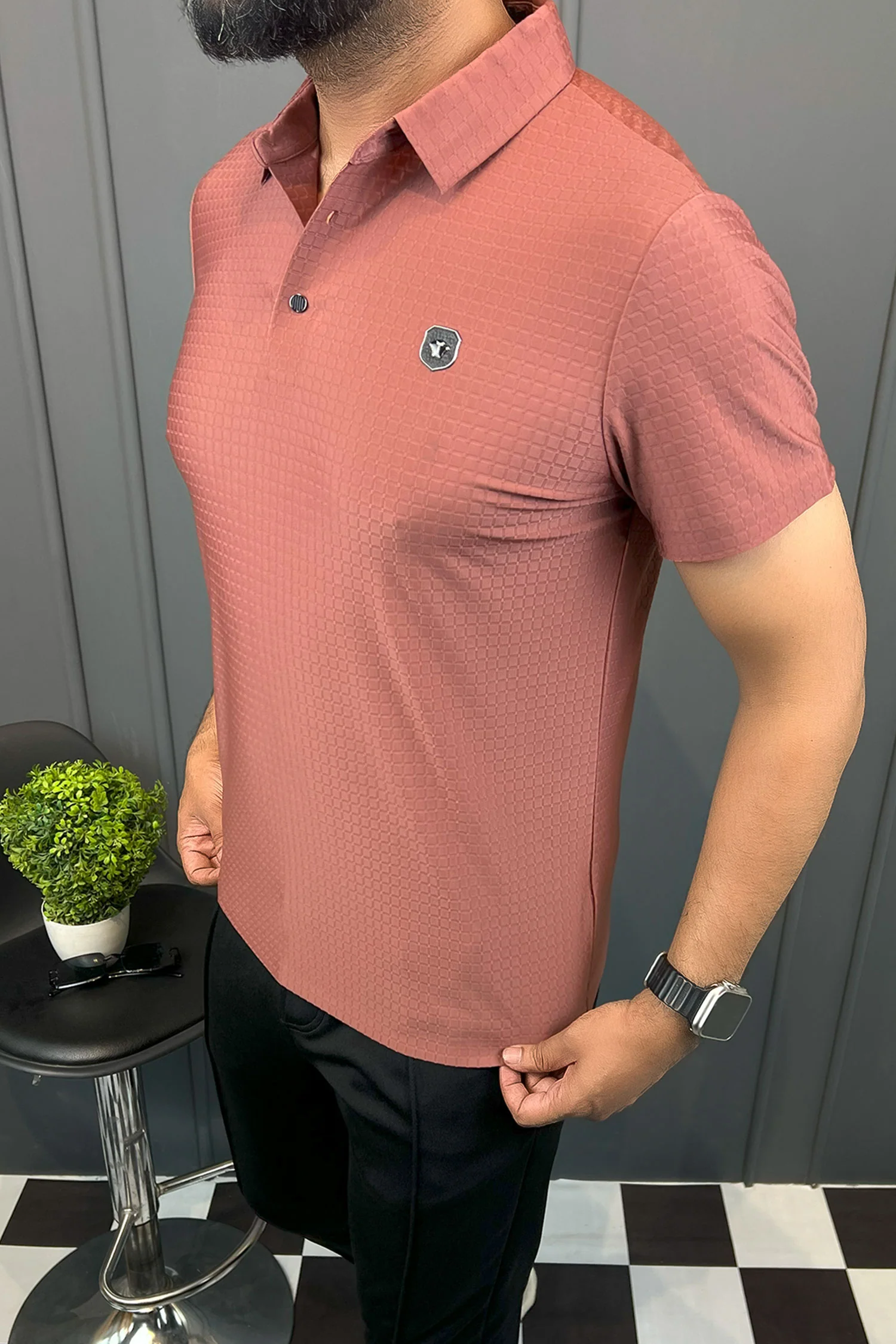 Turbo Trendy Block Pattern Stitchless Men's Polo Shirt In Red Brick - Image 4