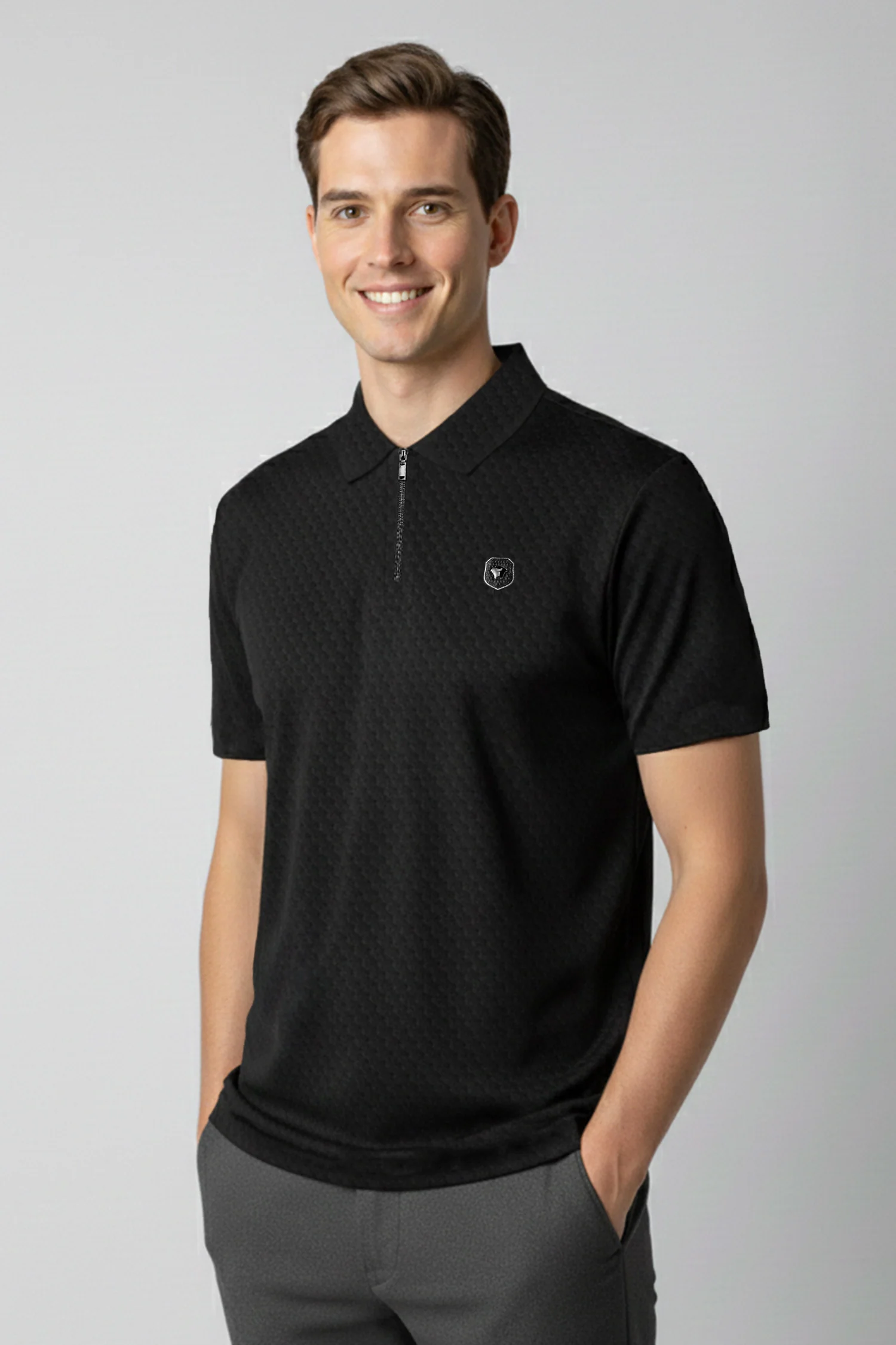Turbo Tri-Angle Pattern Zip-Collar Men's Polo Shirt In Black
