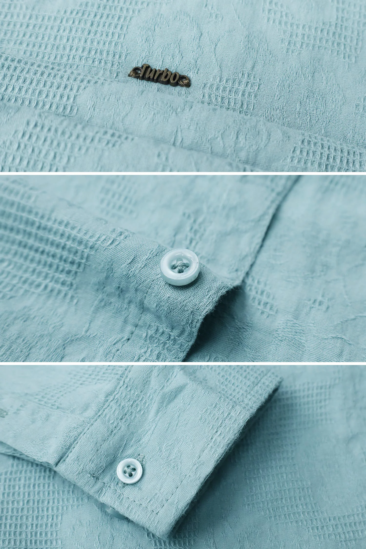 Turbo Vintage Patterend Long Sleeve Cotton Casual Shirt In Cyan - Image 3