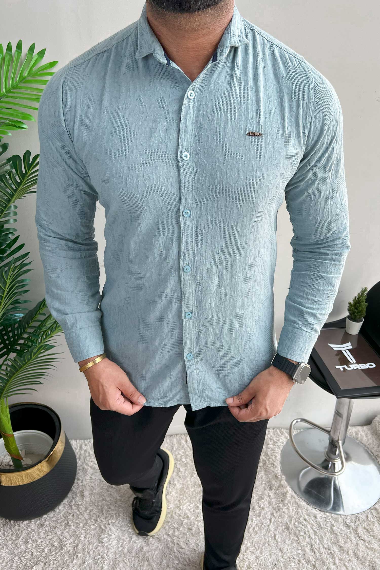 Turbo Vintage Patterend Long Sleeve Cotton Casual Shirt In Cyan - Image 3