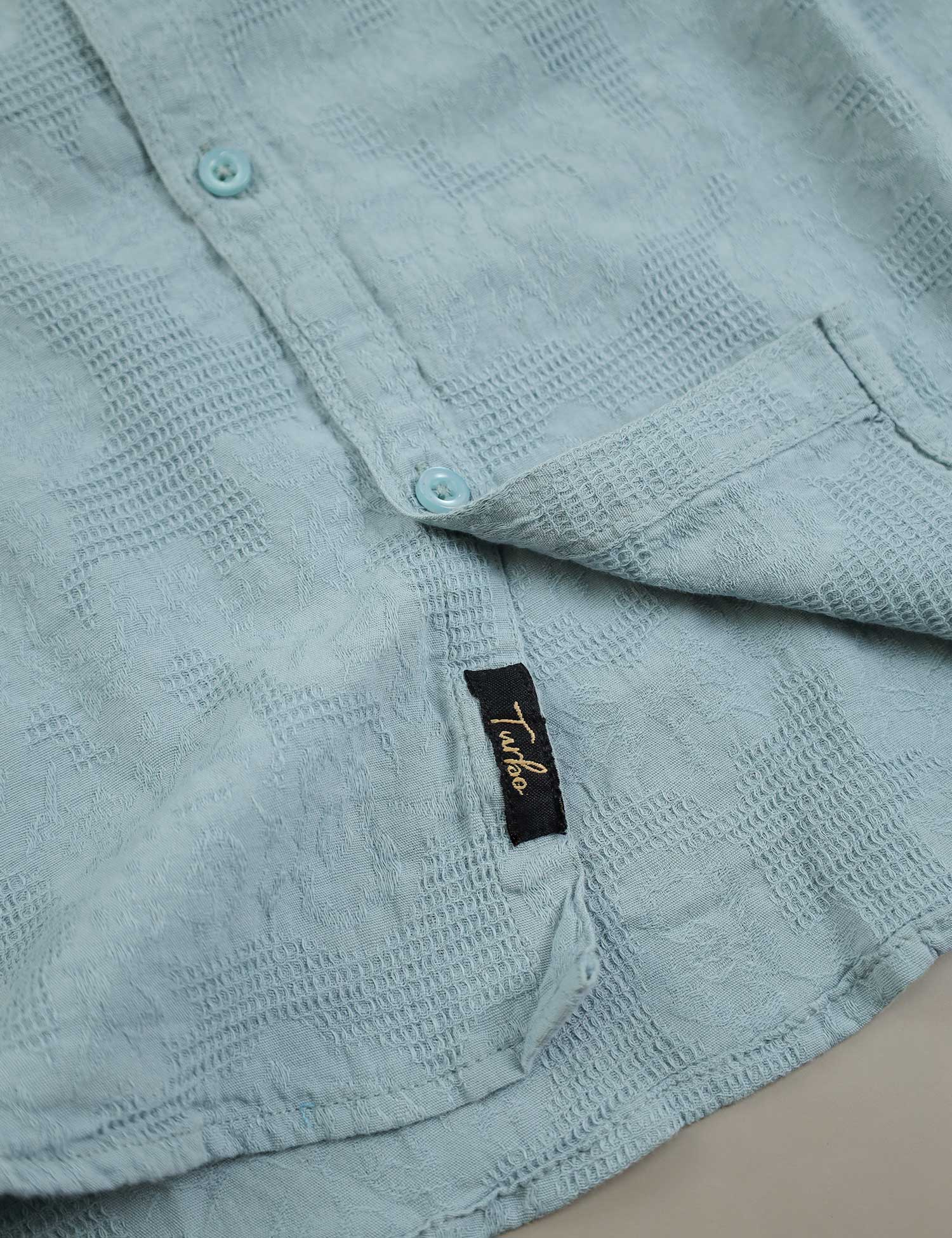 Turbo Vintage Patterend Long Sleeve Cotton Casual Shirt In Cyan - Image 3