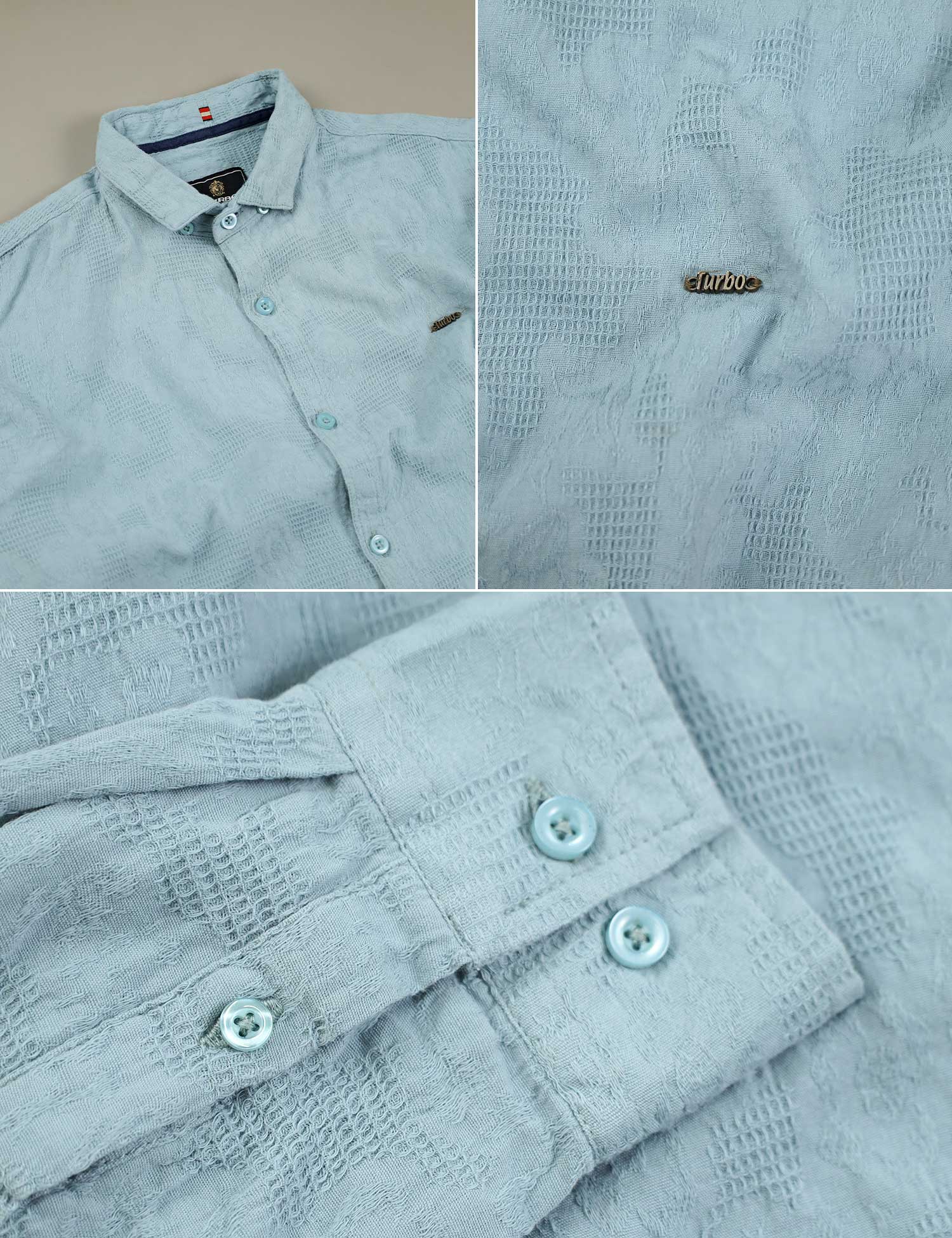 Turbo Vintage Patterend Long Sleeve Cotton Casual Shirt In Cyan - Image 4