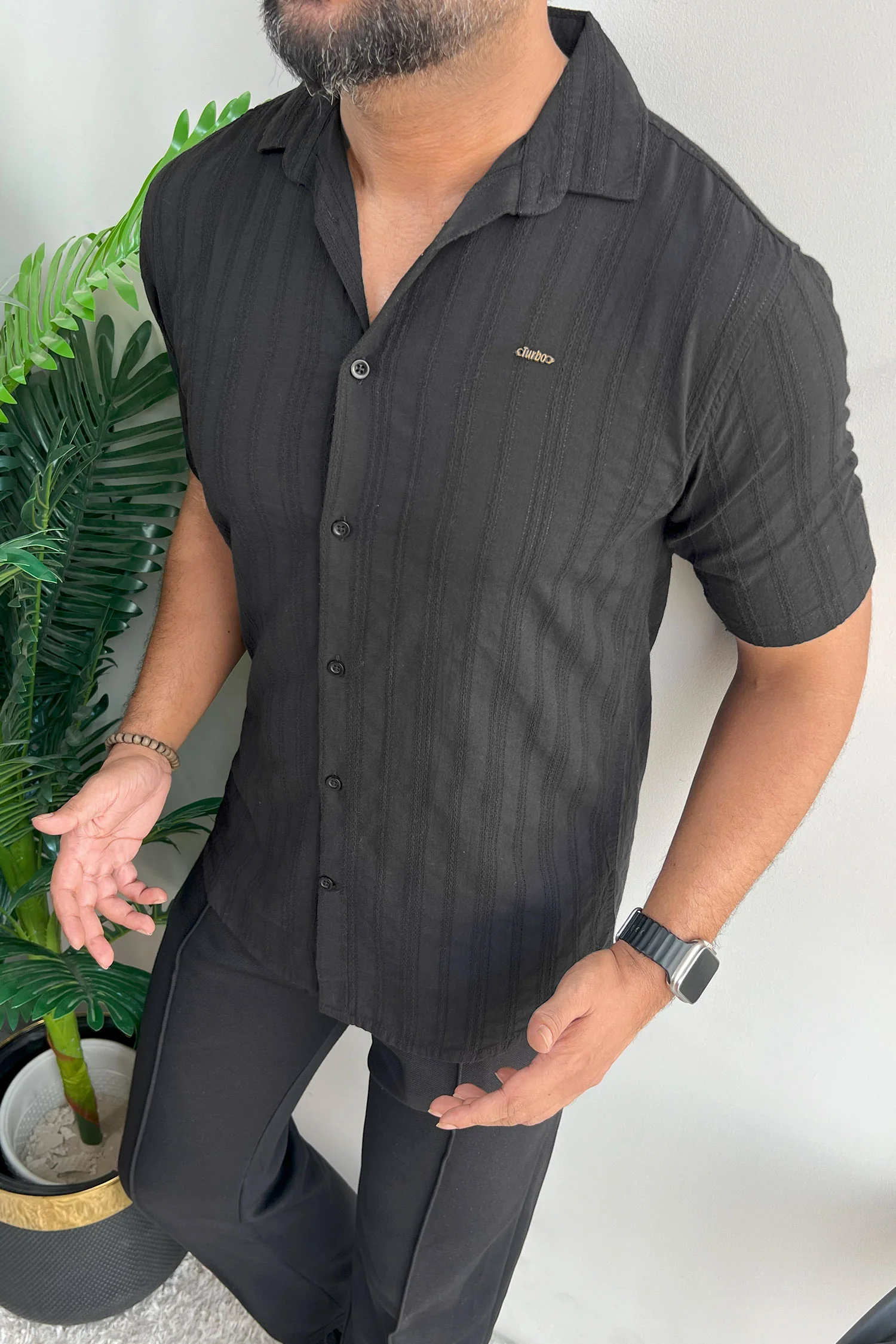 Turbo Wave Texture Crochet Casual Shirt In Black - Image 2