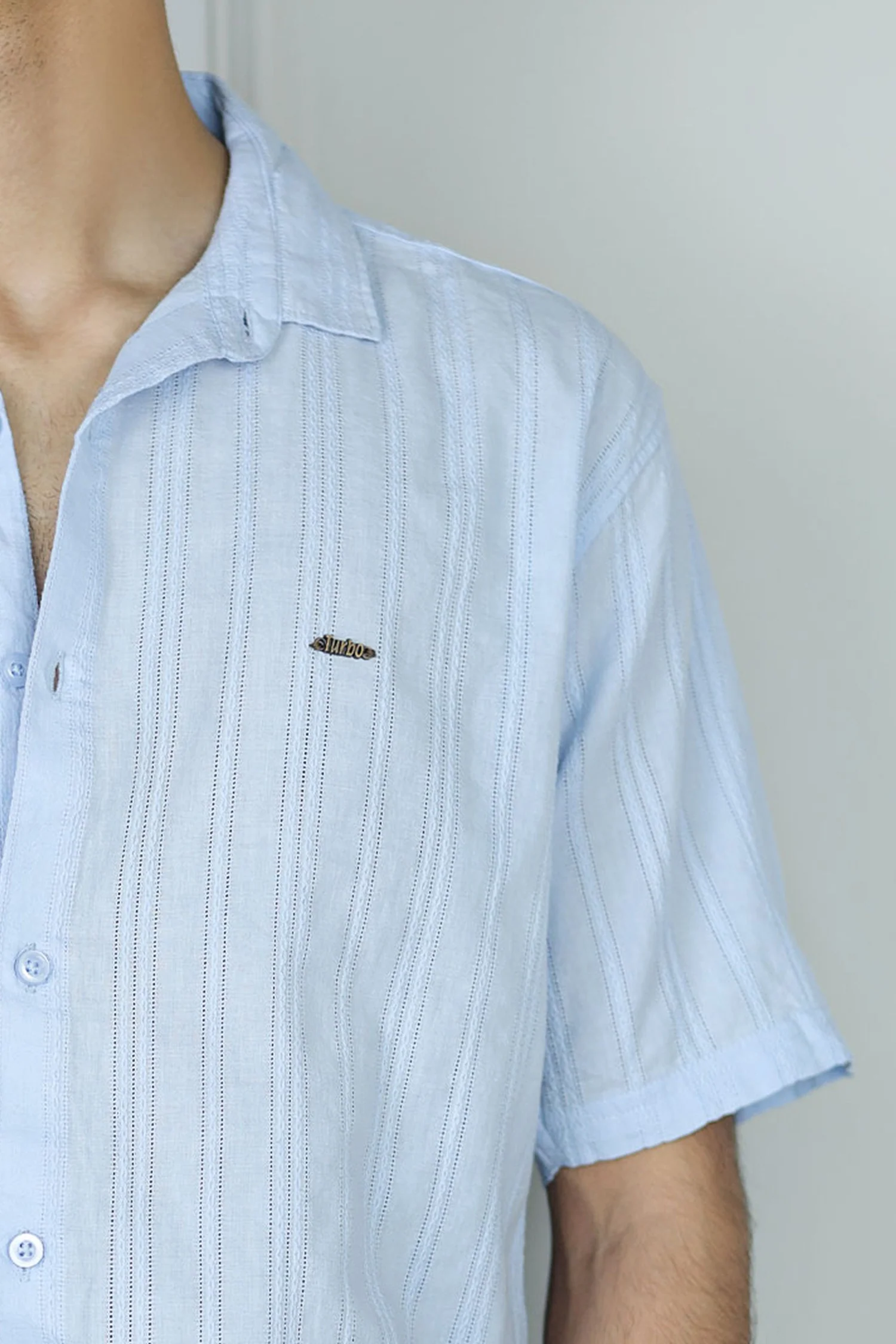 Turbo Wave Texture Crochet Casual Shirt In Sky Blue