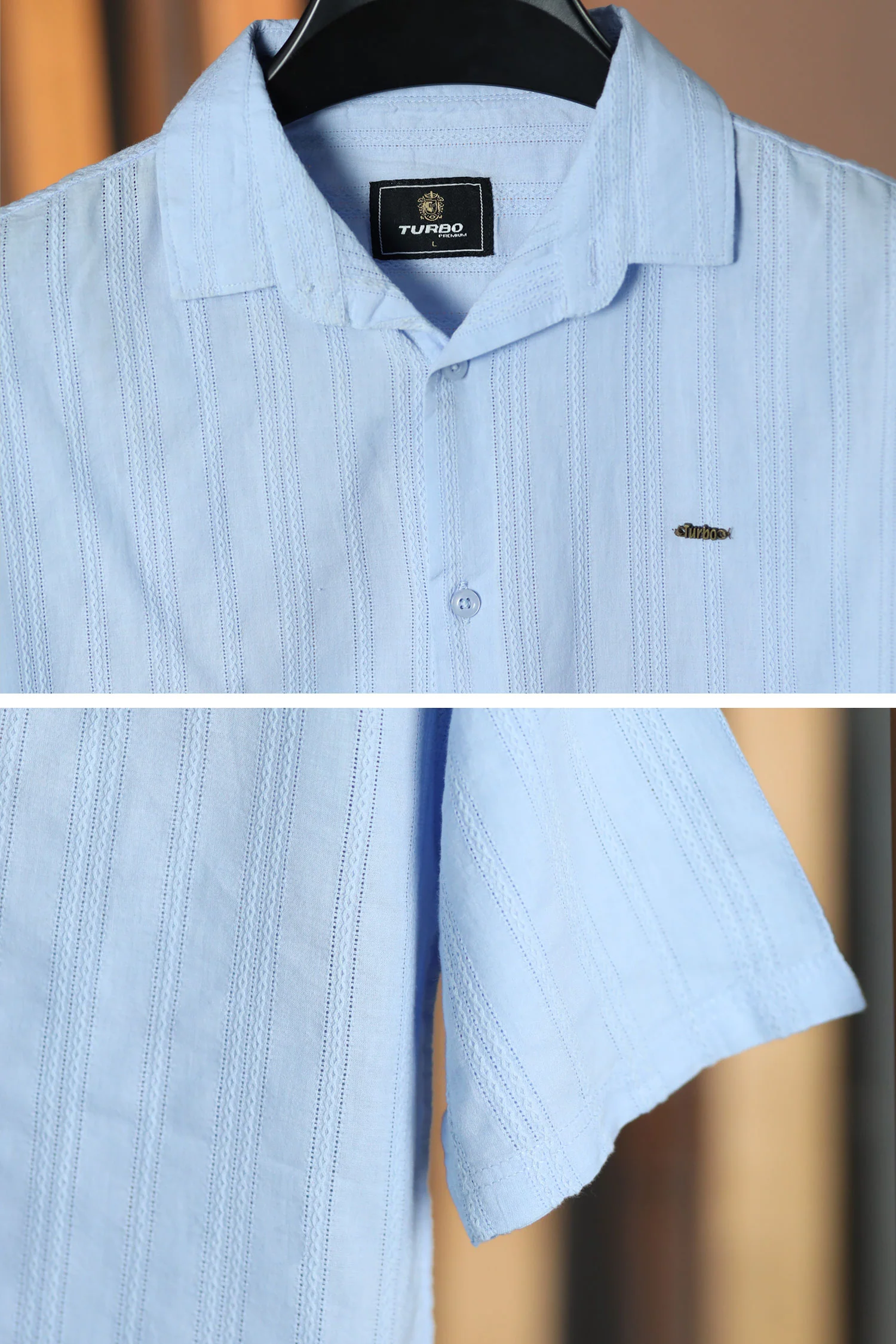 Turbo Wave Texture Crochet Casual Shirt In Sky Blue - Image 3