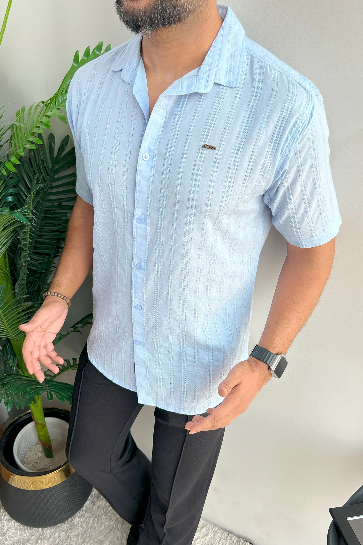 Turbo Wave Texture Crochet Casual Shirt In Sky Blue - Image 2