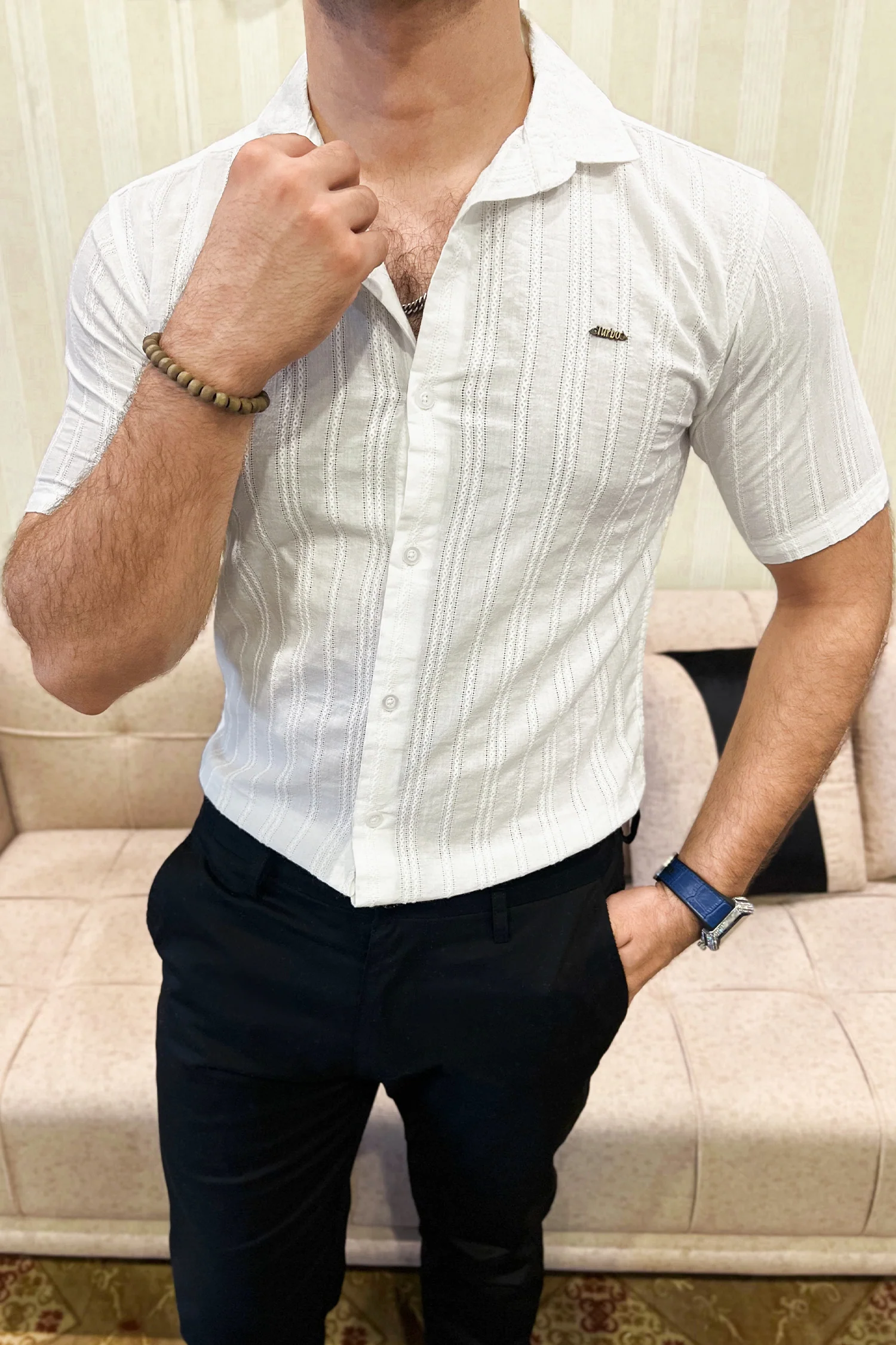 Turbo Wave Texture Crochet Casual Shirt In White - Image 3