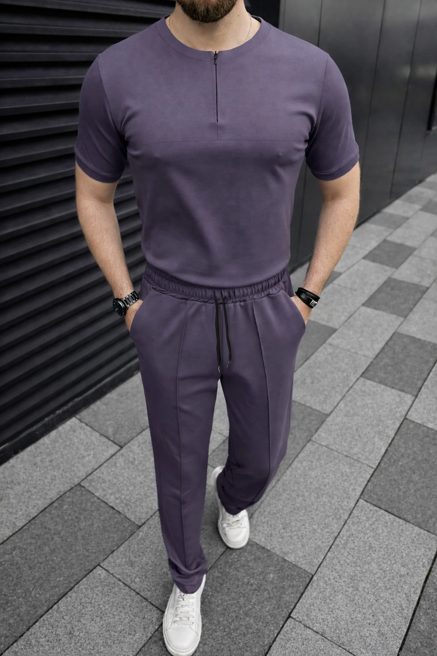 Turbo Zip-Neck Top Style Men's Tracksuit In Pruple